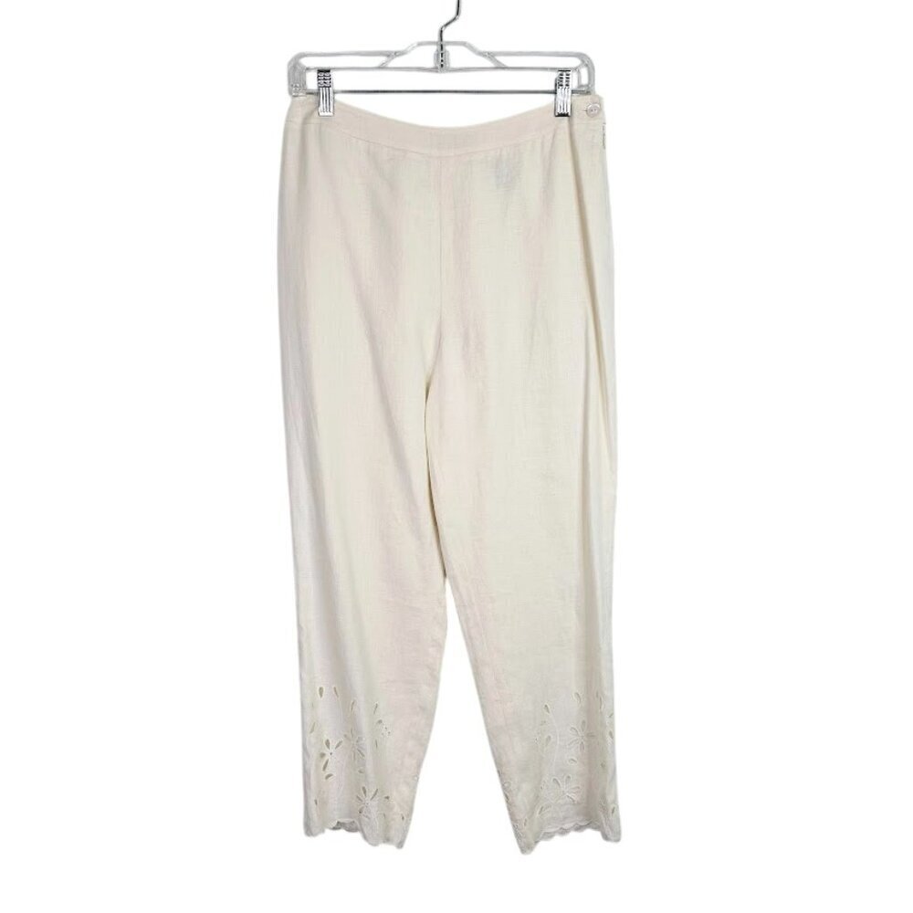 KATE HILL 100% Linen Crop Pants size 8 P OFF WHITE BEIGE Floral Cut Out Resort